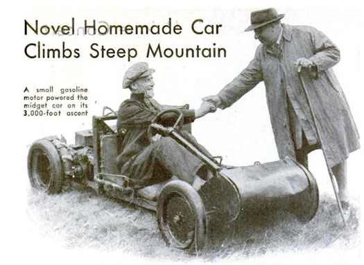 グラスゴーのウォレス・ヘンダーソンが自作の登山用オフロード車に乗っている様子。1937 年 11 月号の『ポピュラーサイエンス』誌に掲載。