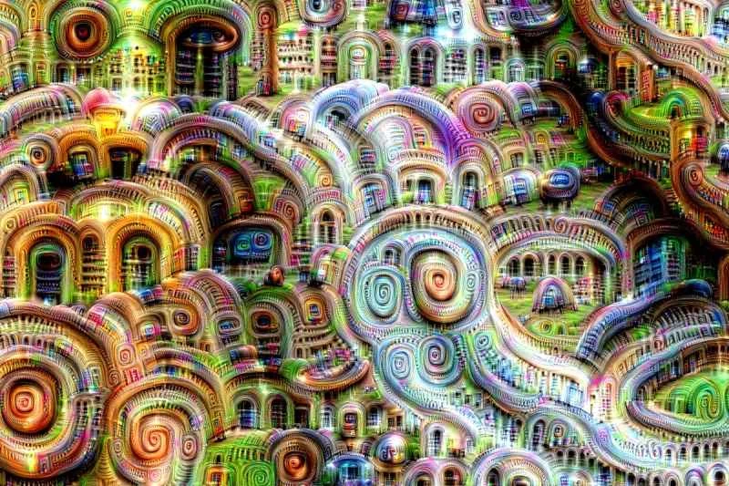 ホワイトノイズからパターンを増幅して抽出するように要求されている人工ニューラルネットワークの成果物。