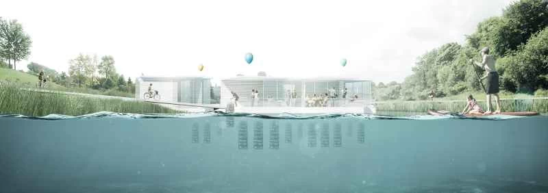 カナダのセントチャールズ川の水上レストランの底に吊るされたムール貝の描写。