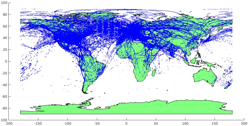 世界中の飛行機の航跡を示す地図