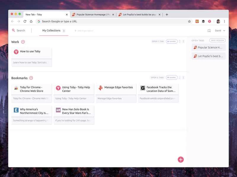 Google Chromeのブラウザ拡張機能Tobyのスクリーンショット