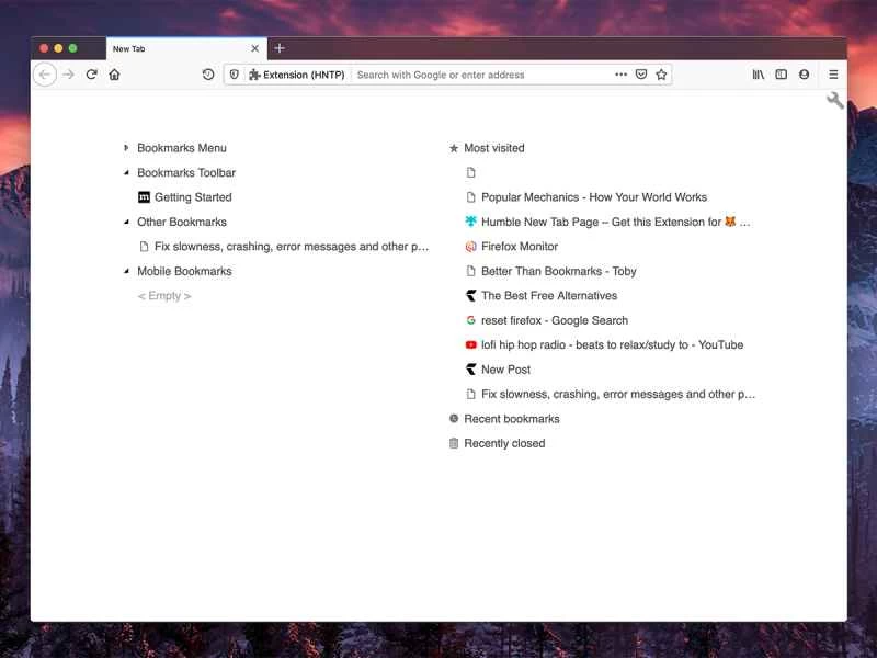 Google ChromeのHumble New Tab Page拡張機能のスクリーンショット